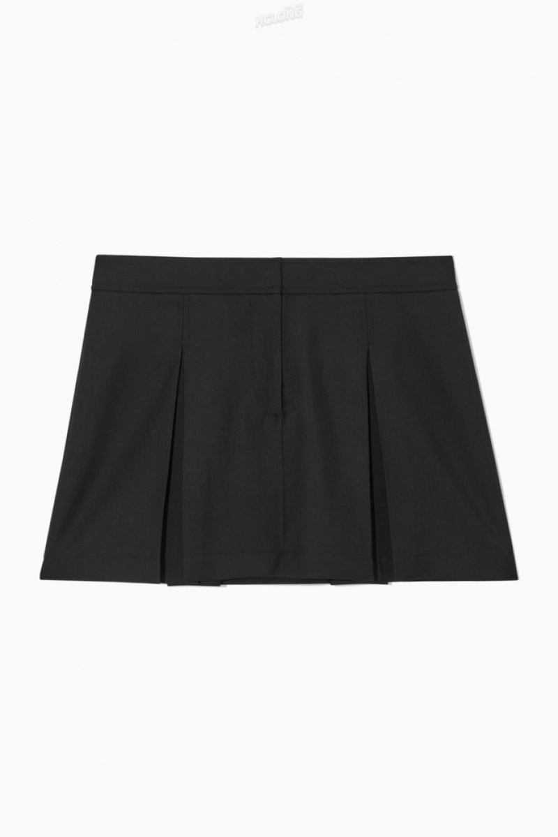 Black COS Low-Rise Pleated Wool Mini Skirt | OT39-Y6CR