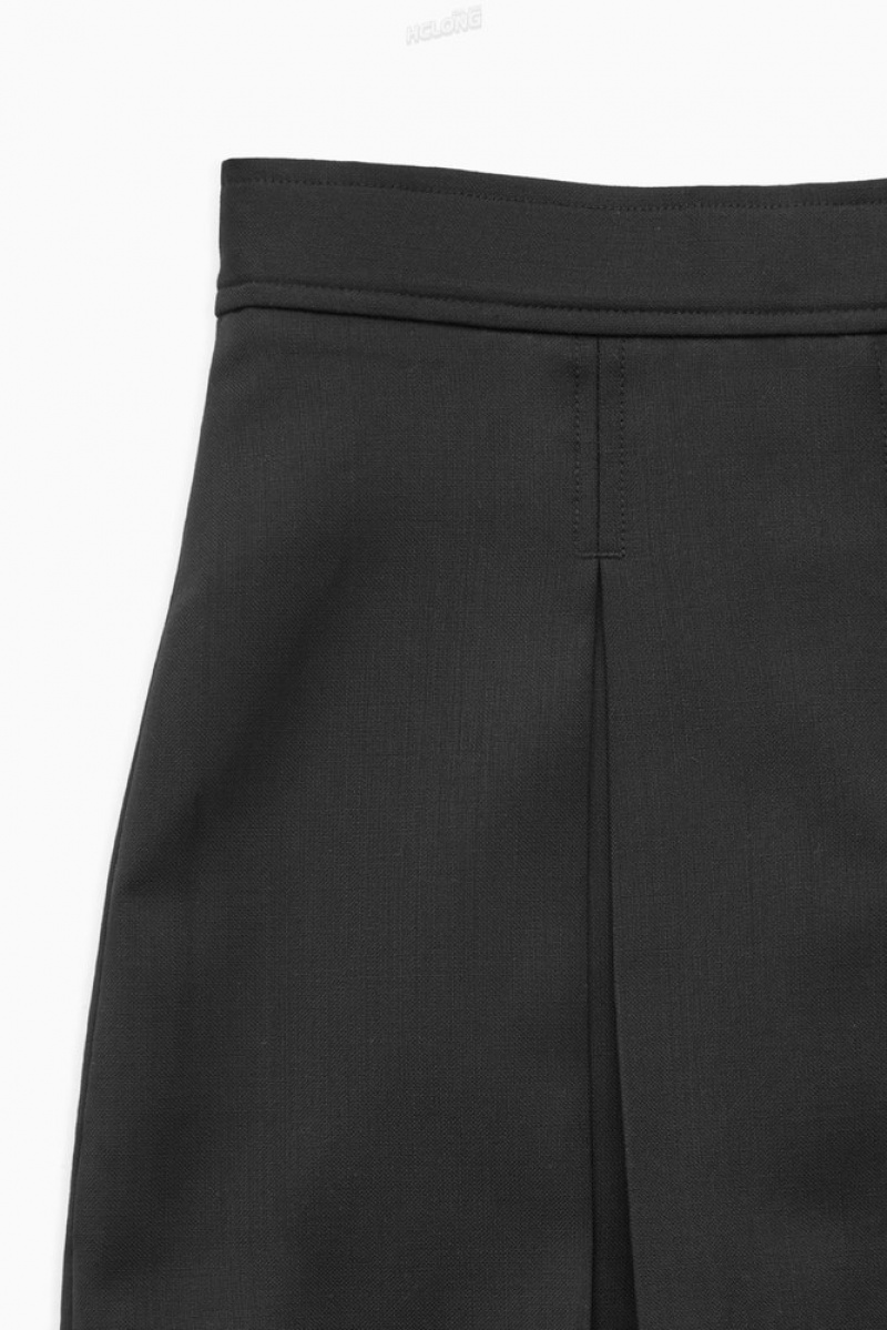 Black COS Low-Rise Pleated Wool Mini Skirt | OT39-Y6CR