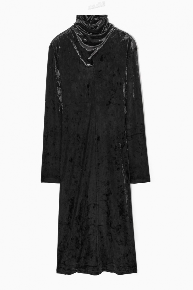 Black COS Open-Back Velvet Midi Dress | CD32-M2YY