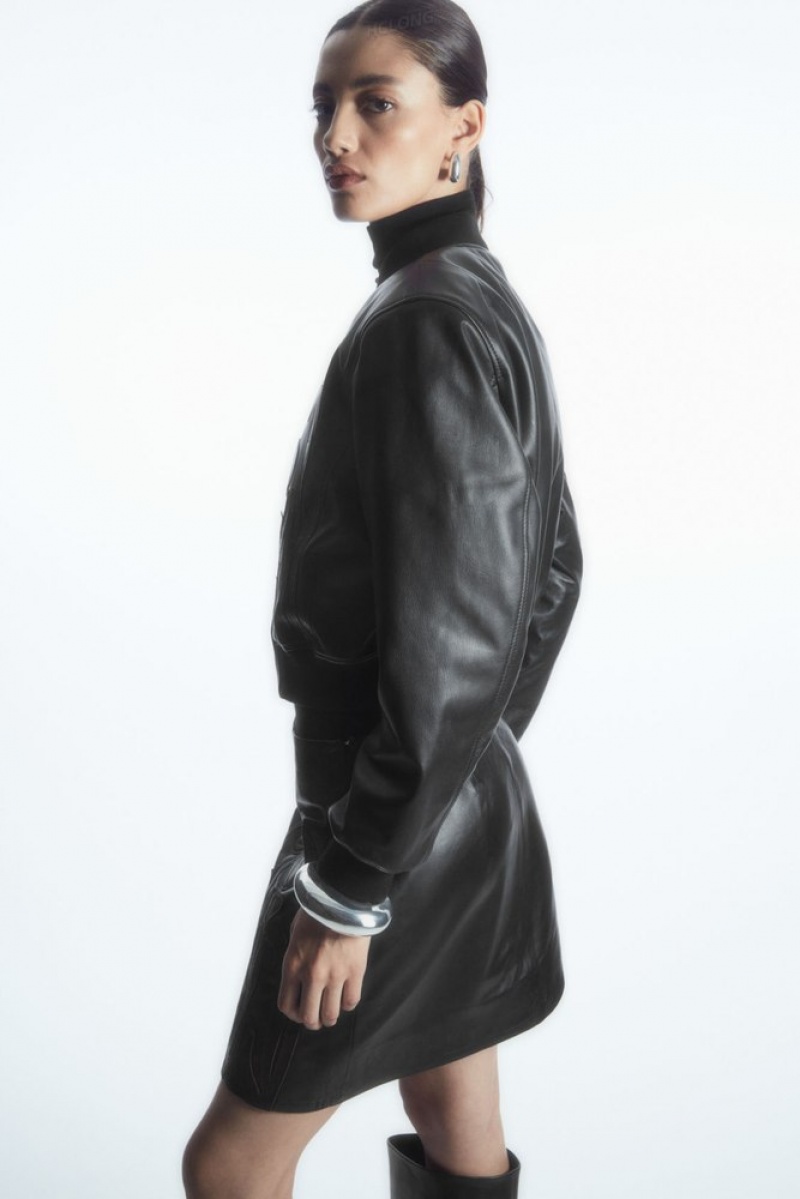 Black COS Oversized AppliquéD Leather Bomber Jacket | EE36-Z2SA