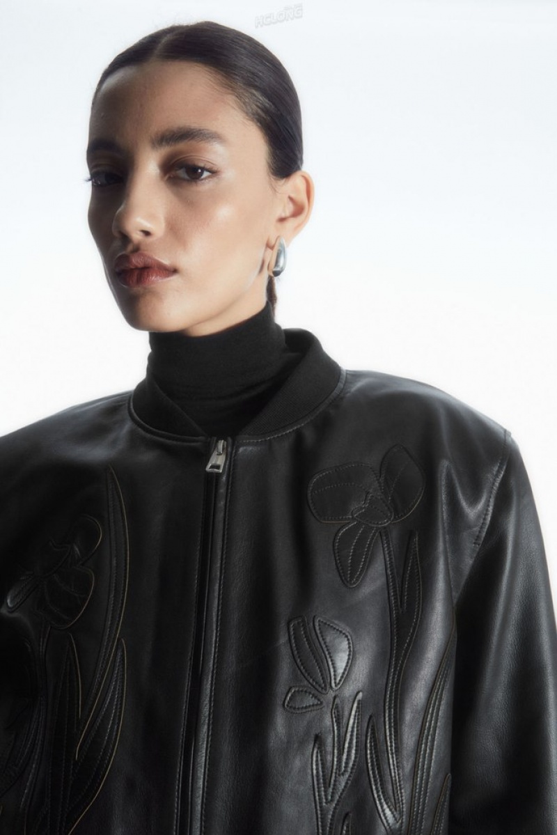 Black COS Oversized AppliquéD Leather Bomber Jacket | EE36-Z2SA