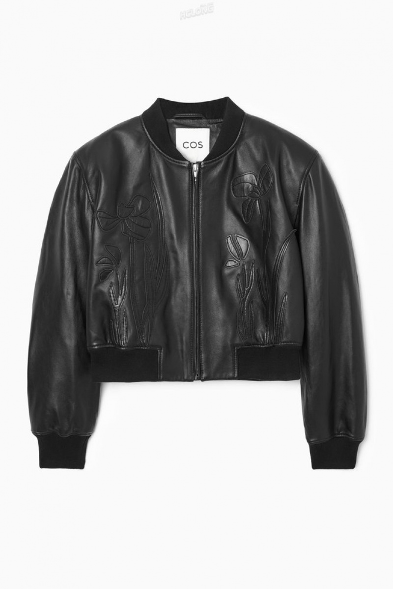 Black COS Oversized AppliquéD Leather Bomber Jacket | EE36-Z2SA