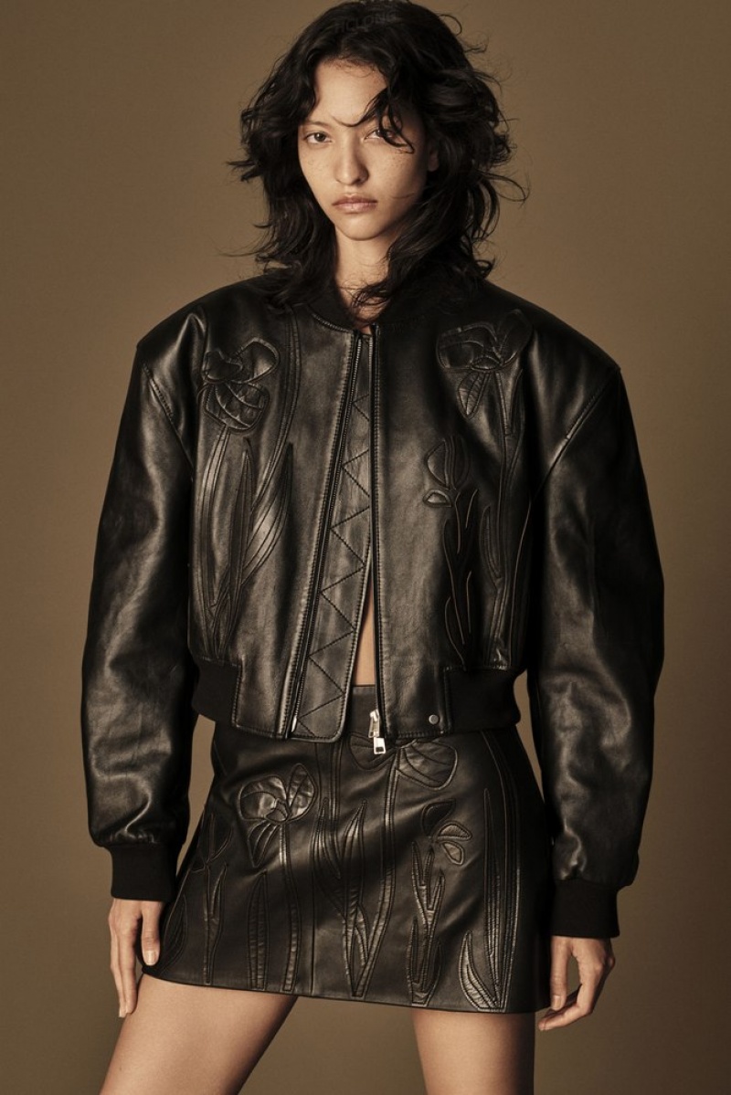 Black COS Oversized AppliquéD Leather Bomber Jacket | EE36-Z2SA