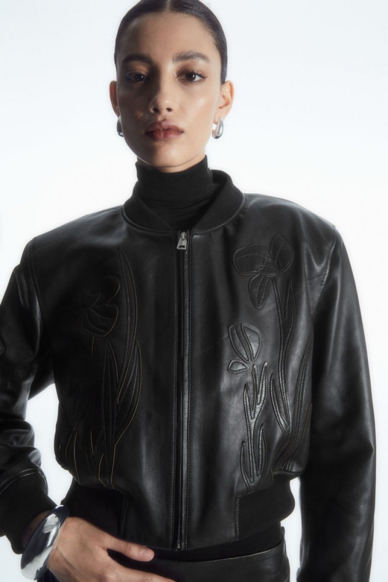 Black COS Oversized AppliquéD Leather Bomber Jacket | EE36-Z2SA