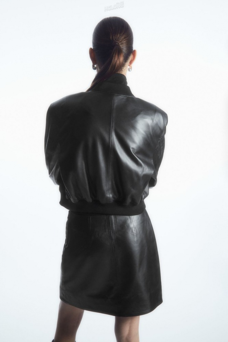 Black COS Oversized AppliquéD Leather Bomber Jacket | ZS73-O7UV