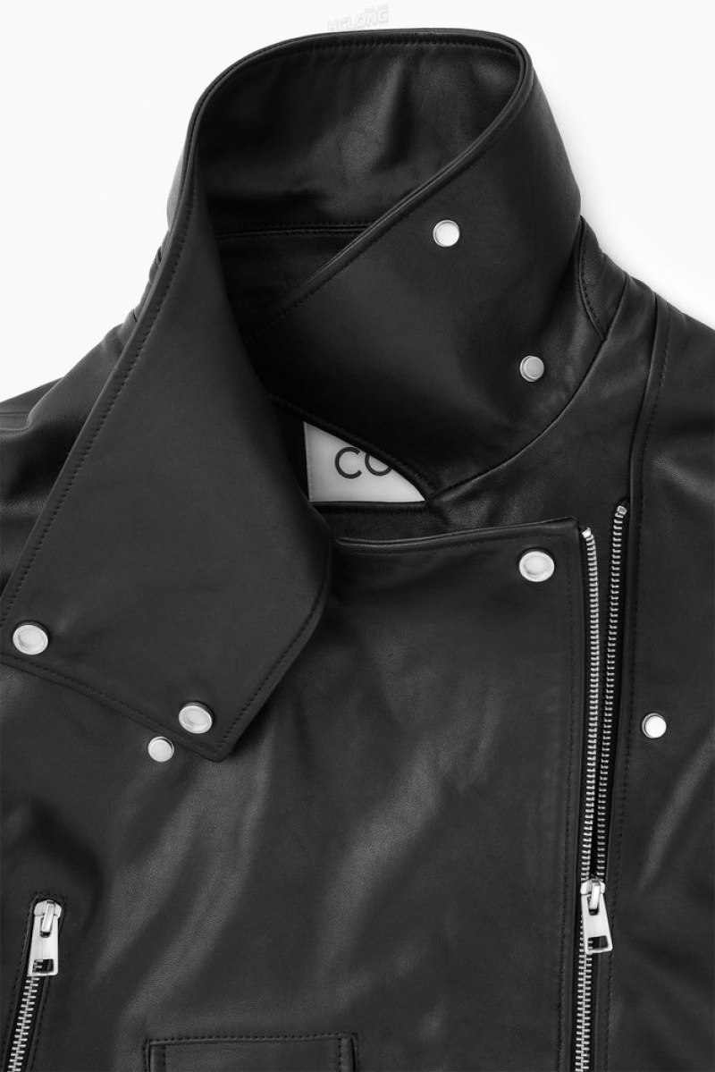 Black COS Oversized Cropped Leather Biker Jacket | WL39-L1QS