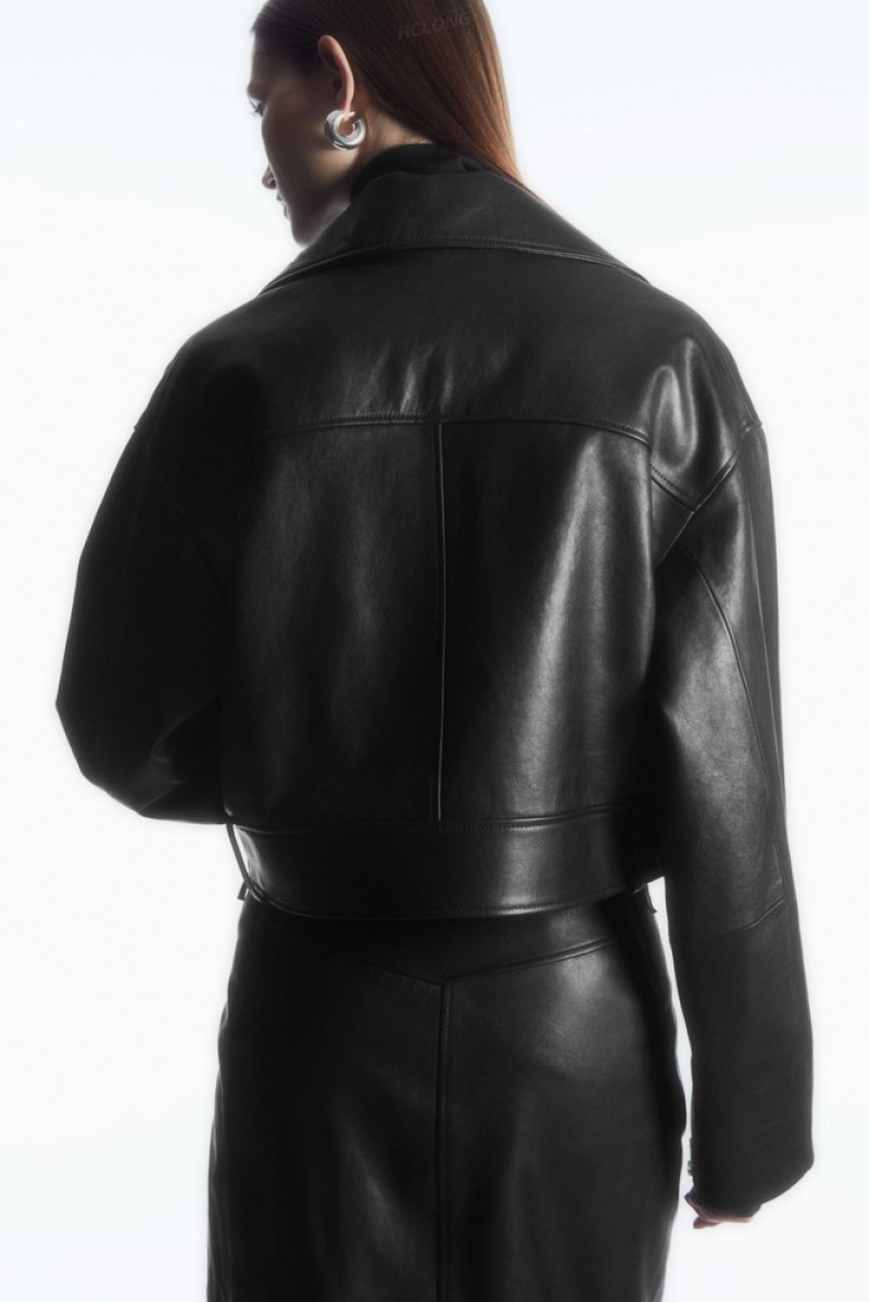 Black COS Oversized Cropped Leather Biker Jacket | WL39-L1QS