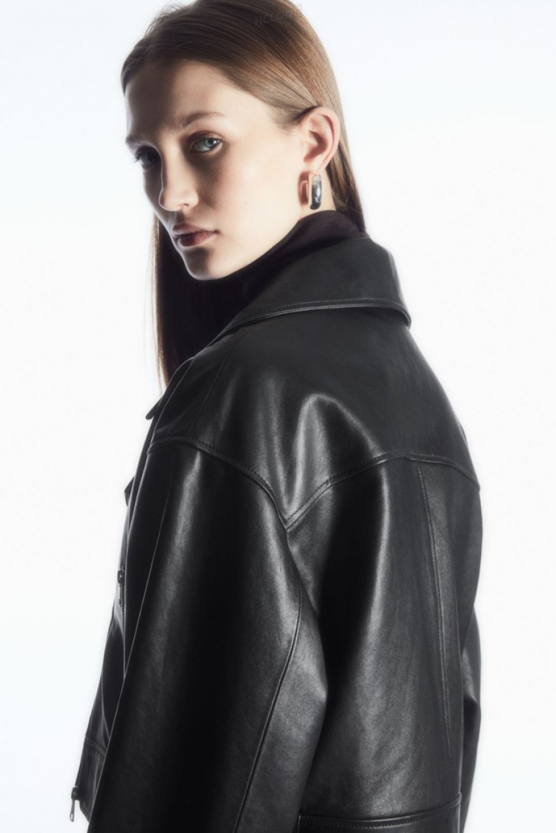 Black COS Oversized Cropped Leather Biker Jacket | WL39-L1QS