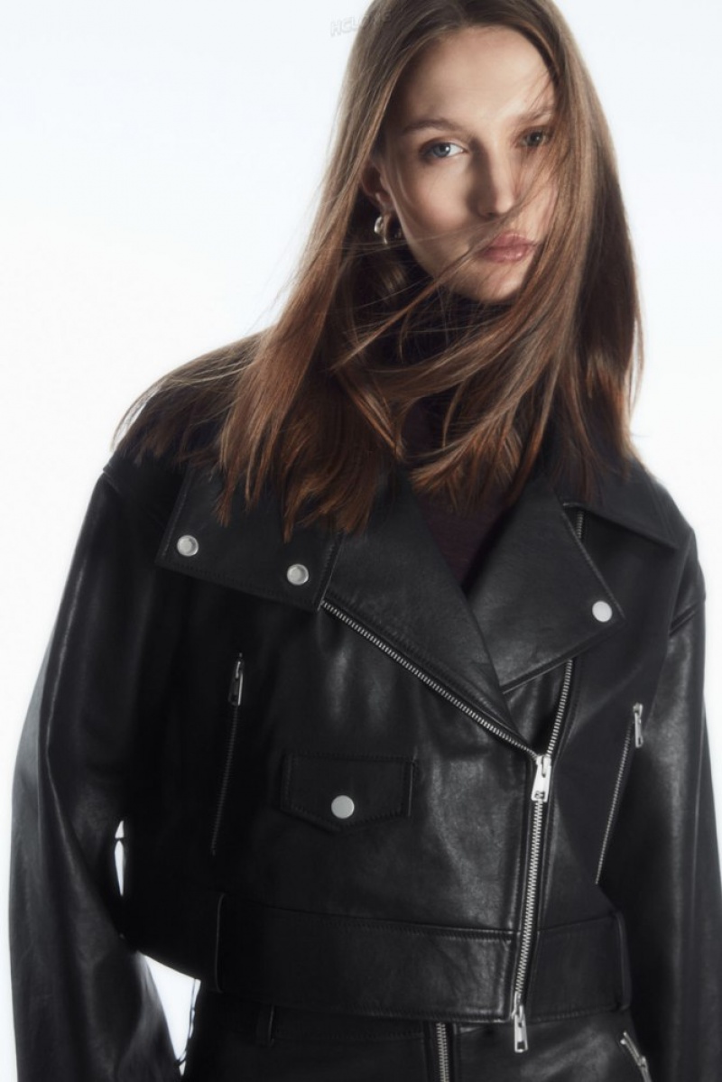 Black COS Oversized Cropped Leather Biker Jacket | WL39-L1QS