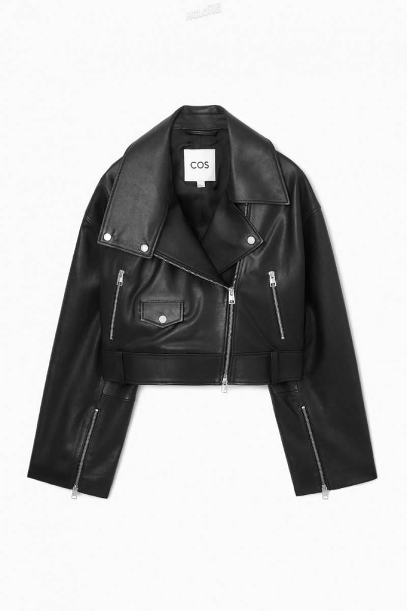 Black COS Oversized Cropped Leather Biker Jacket | WL39-L1QS