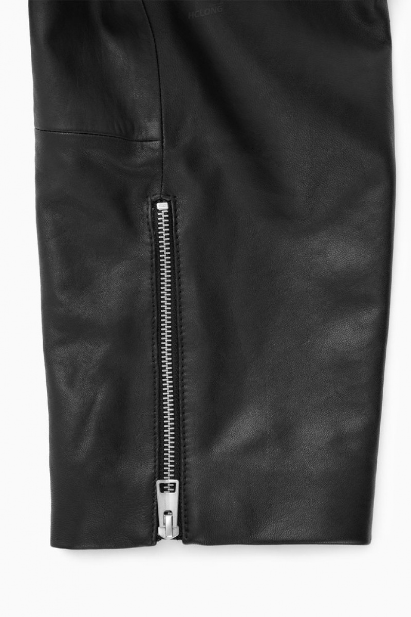 Black COS Oversized Cropped Leather Biker Jacket | WL39-L1QS