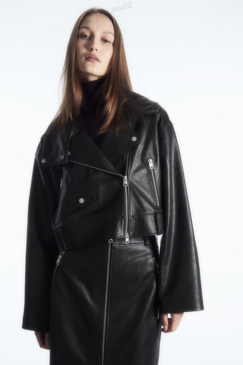 Black COS Oversized Cropped Leather Biker Jacket | WL39-L1QS