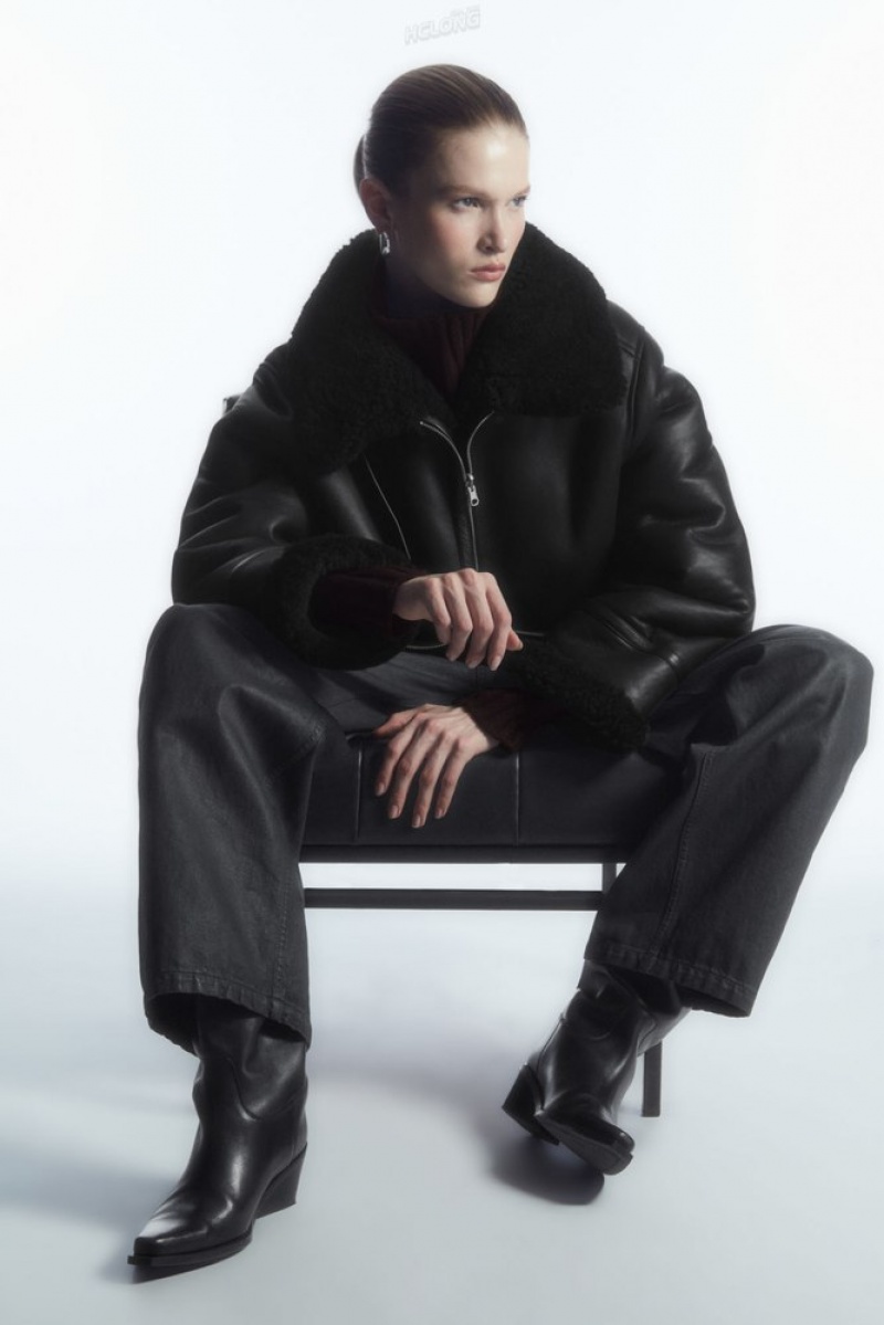 Black COS Oversized Reversible Shearling Jacket | KX41-C3UN