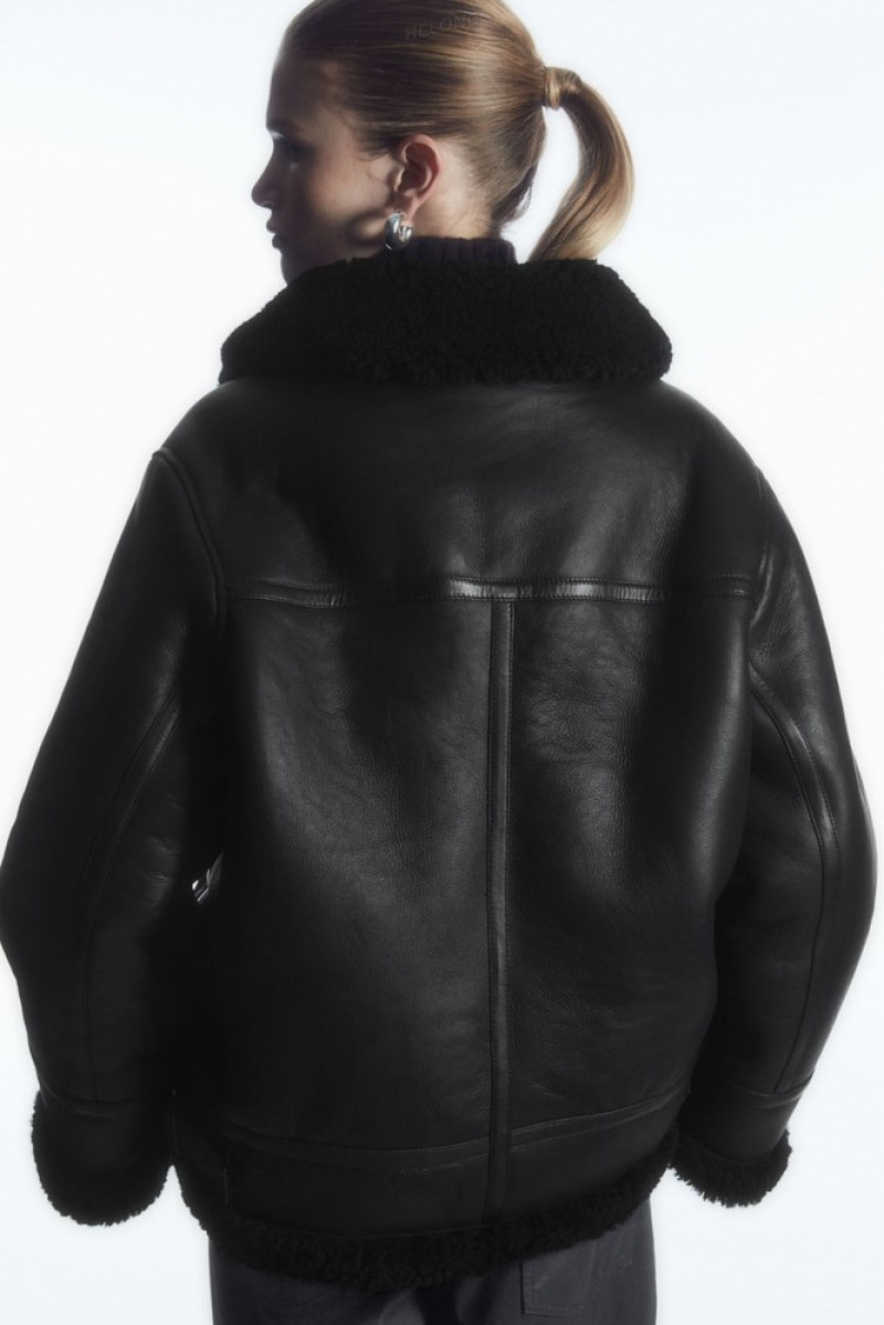 Black COS Oversized Reversible Shearling Jacket | KX41-C3UN