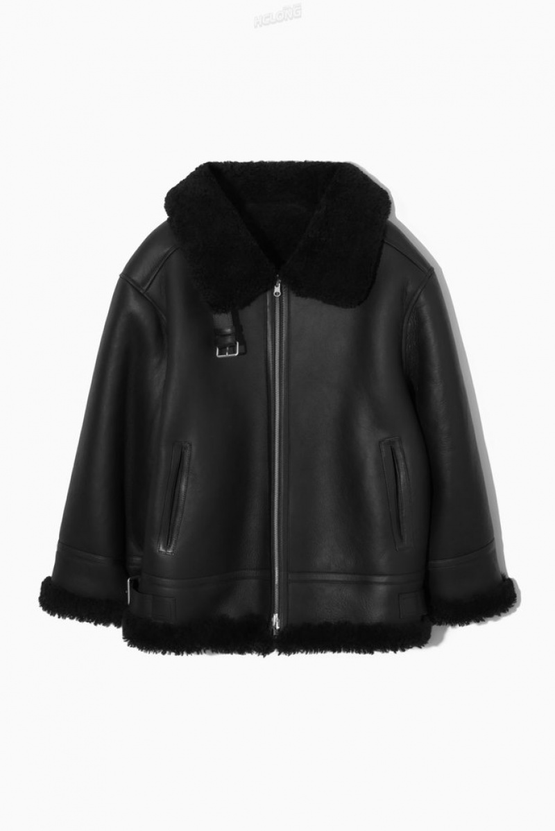 Black COS Oversized Reversible Shearling Jacket | KX41-C3UN