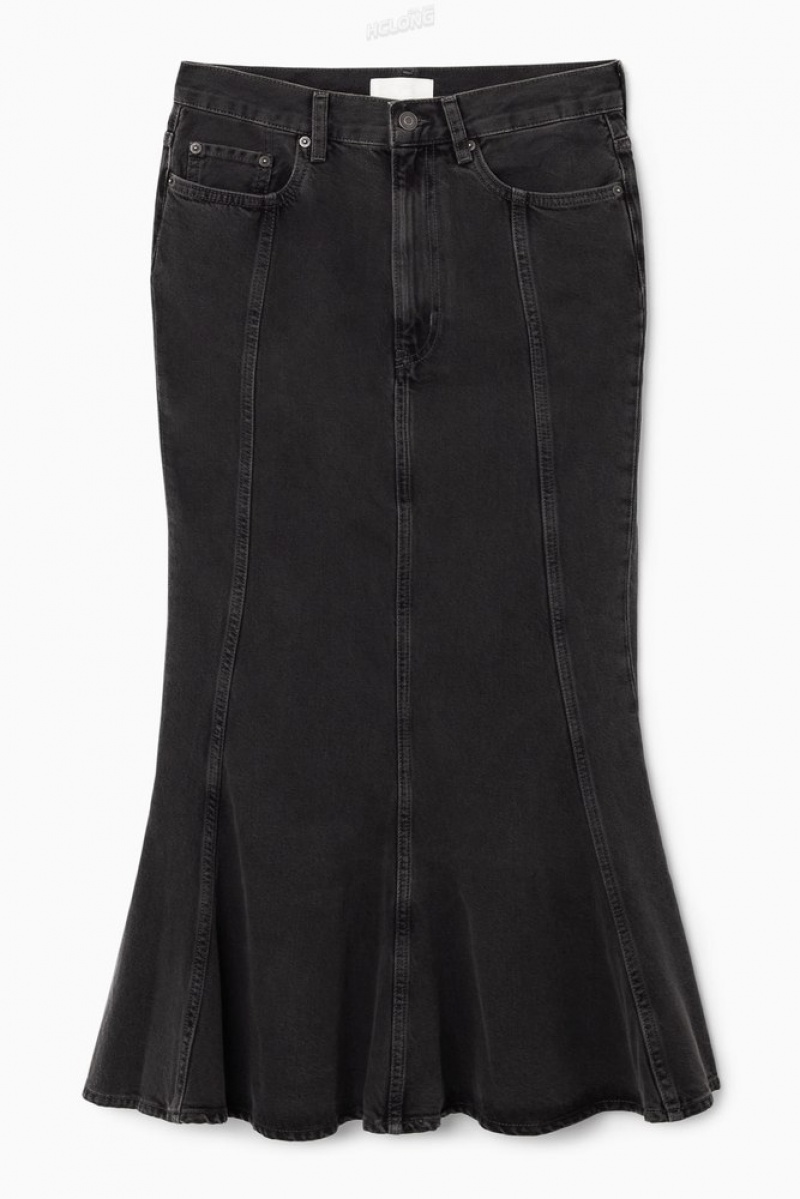 Black COS Paneled Flared Denim Skirt | HV55-I9AS