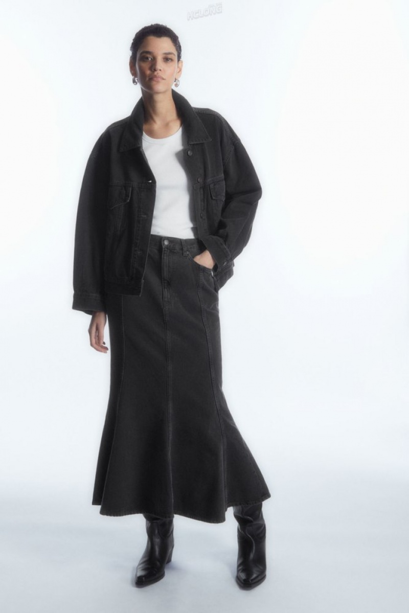 Black COS Paneled Flared Denim Skirt | HV55-I9AS