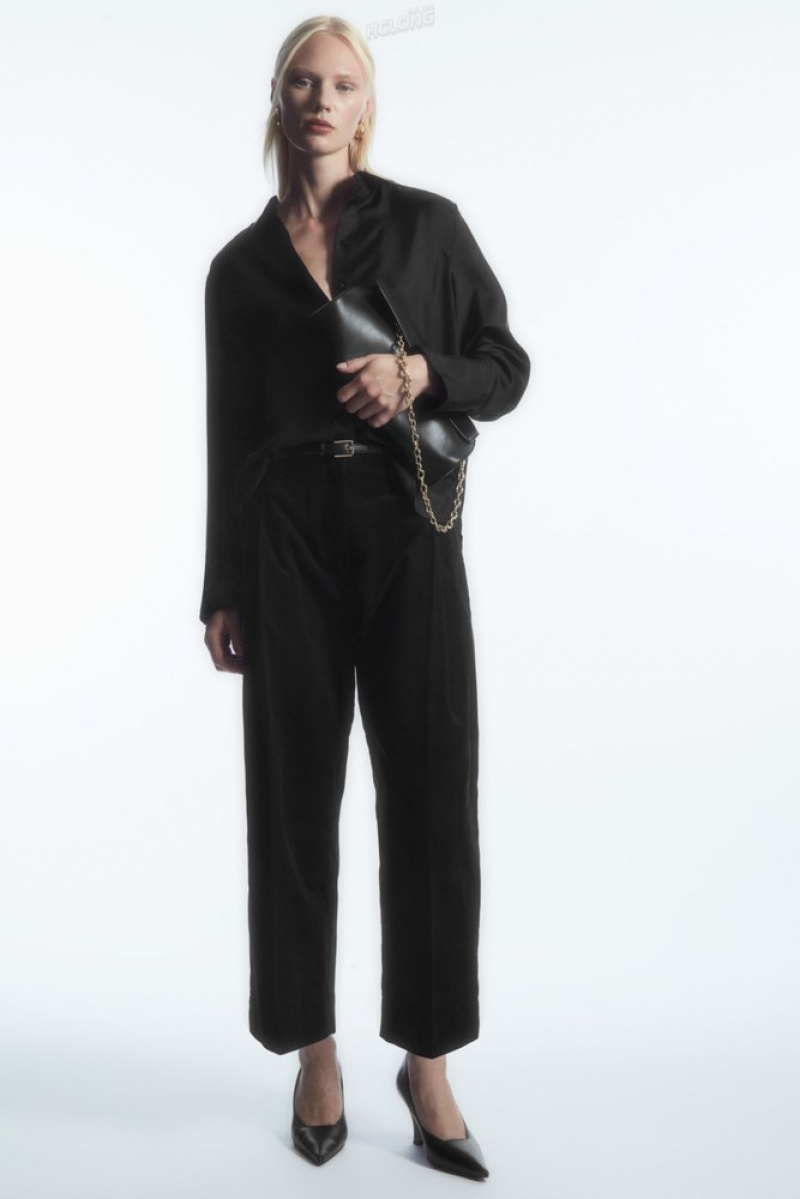 Black COS Pleated Barrel-Leg Corduroy Pants | IY86-V8LM