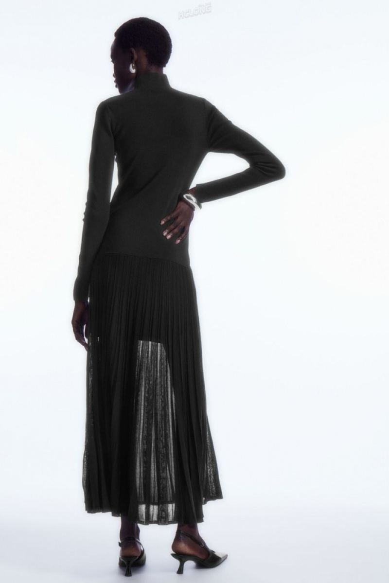 Black COS Pleated Knitted Turtleneck Maxi Dress | RE78-L8YZ