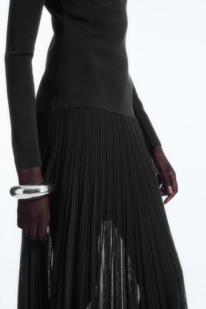 Black COS Pleated Knitted Turtleneck Maxi Dress | RE78-L8YZ