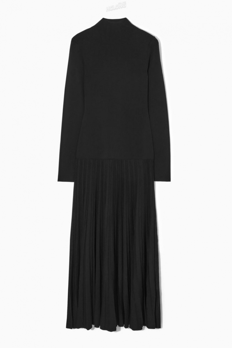 Black COS Pleated Knitted Turtleneck Maxi Dress | RE78-L8YZ