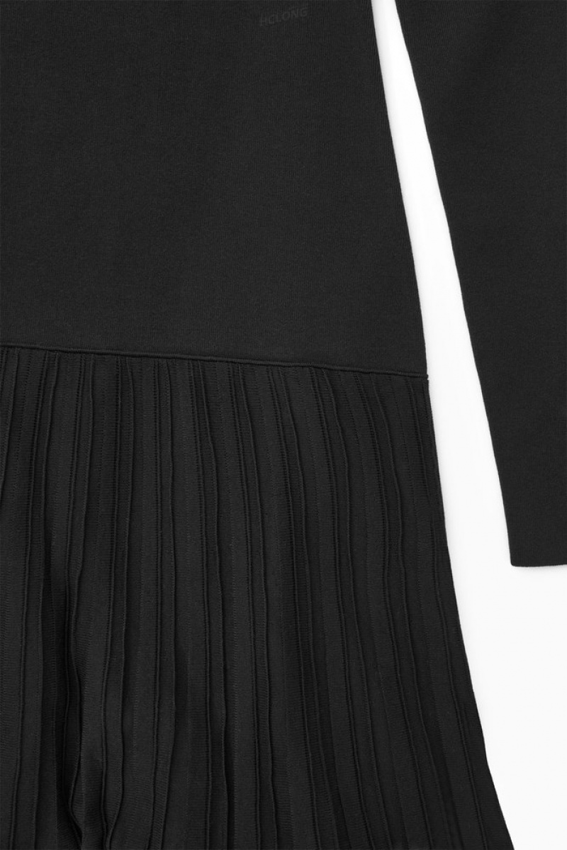 Black COS Pleated Knitted Turtleneck Maxi Dress | RE78-L8YZ