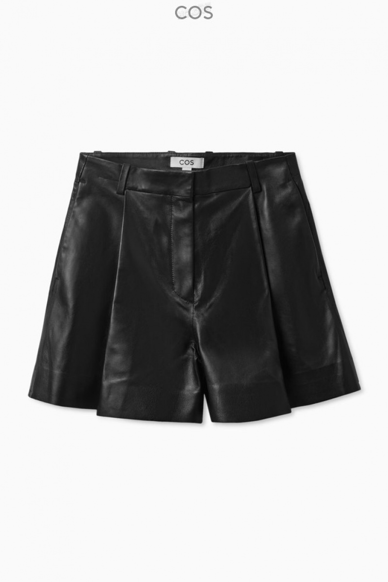 Black COS Pleated Leather Shorts | ZV07-D2SH