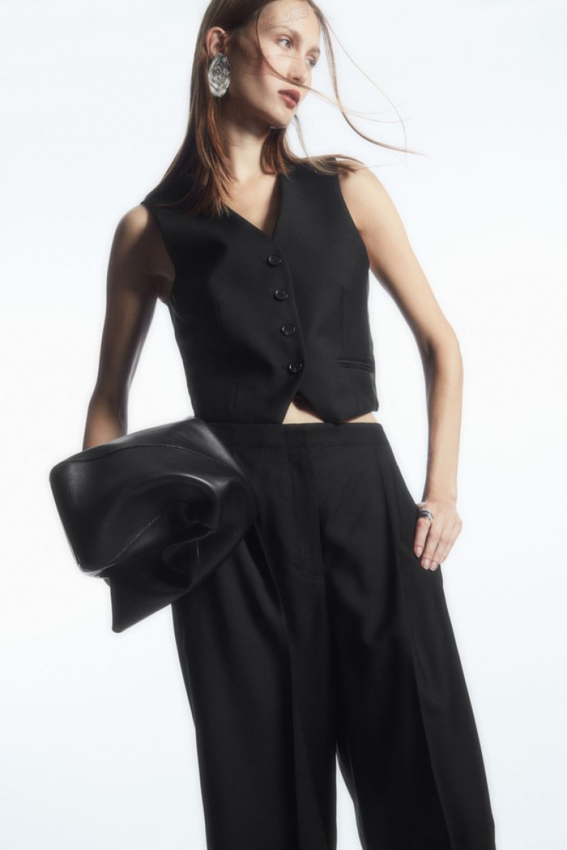 Black COS Pleated Wide-Leg Wool Trousers | EB39-O4UM