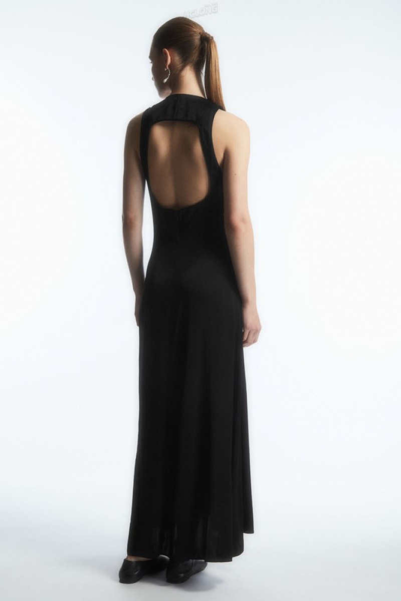 Black COS Plunge Open-Back Maxi Dress | LP67-K7QA