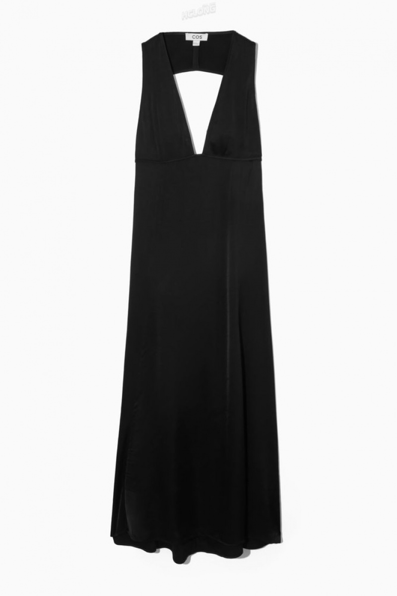 Black COS Plunge Open-Back Maxi Dress | LP67-K7QA