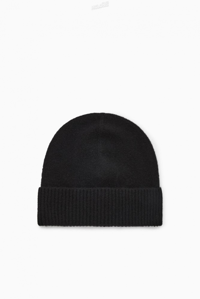 Black COS Pure Cashmere Beanie | UQ62-A8LZ