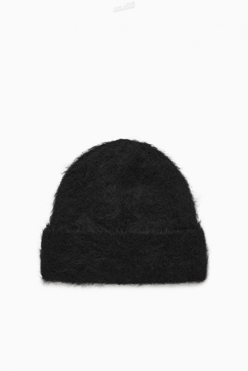 Black COS Ribbed Mohair Beanie | XQ58-Q8KJ