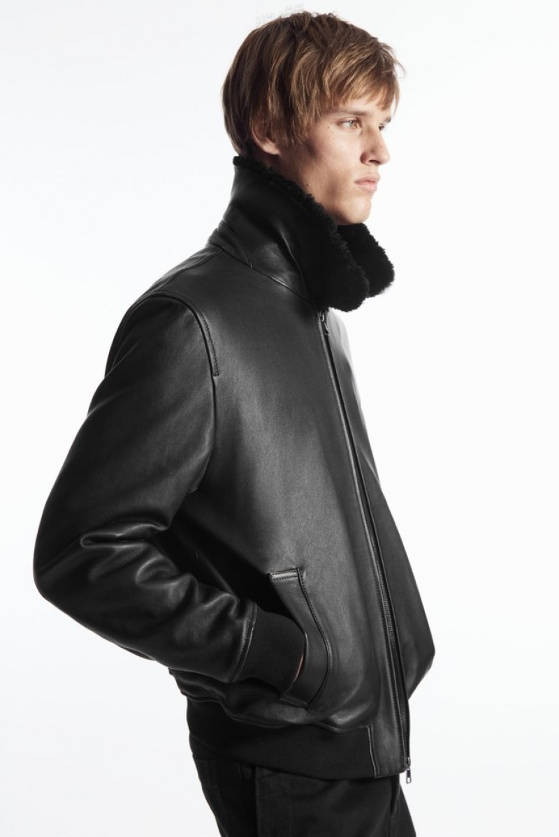 Black COS Shearling-Trimmed Leather Bomber Jacket | ND43-W6KQ