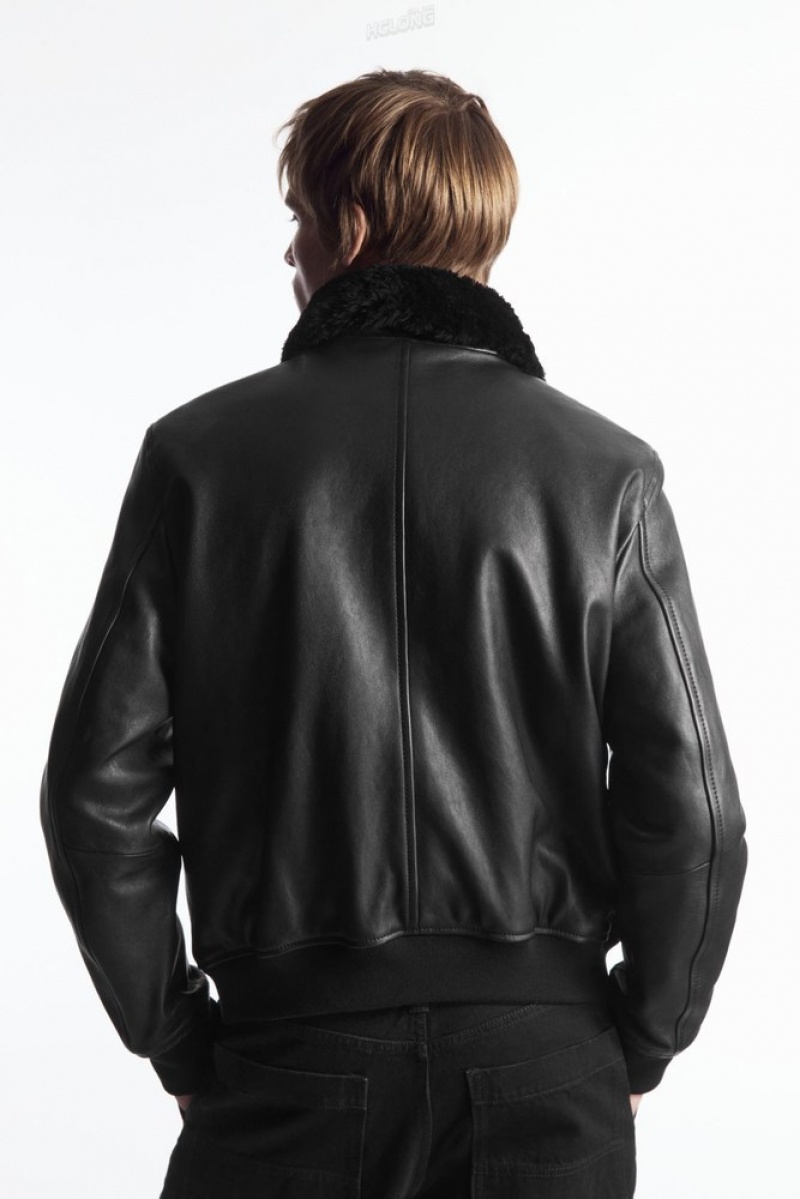 Black COS Shearling-Trimmed Leather Bomber Jacket | ND43-W6KQ