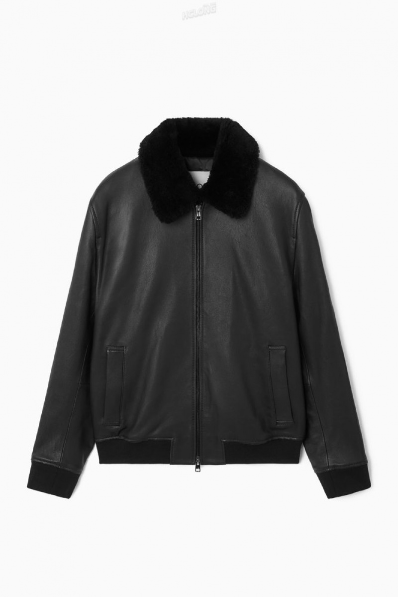 Black COS Shearling-Trimmed Leather Bomber Jacket | ND43-W6KQ