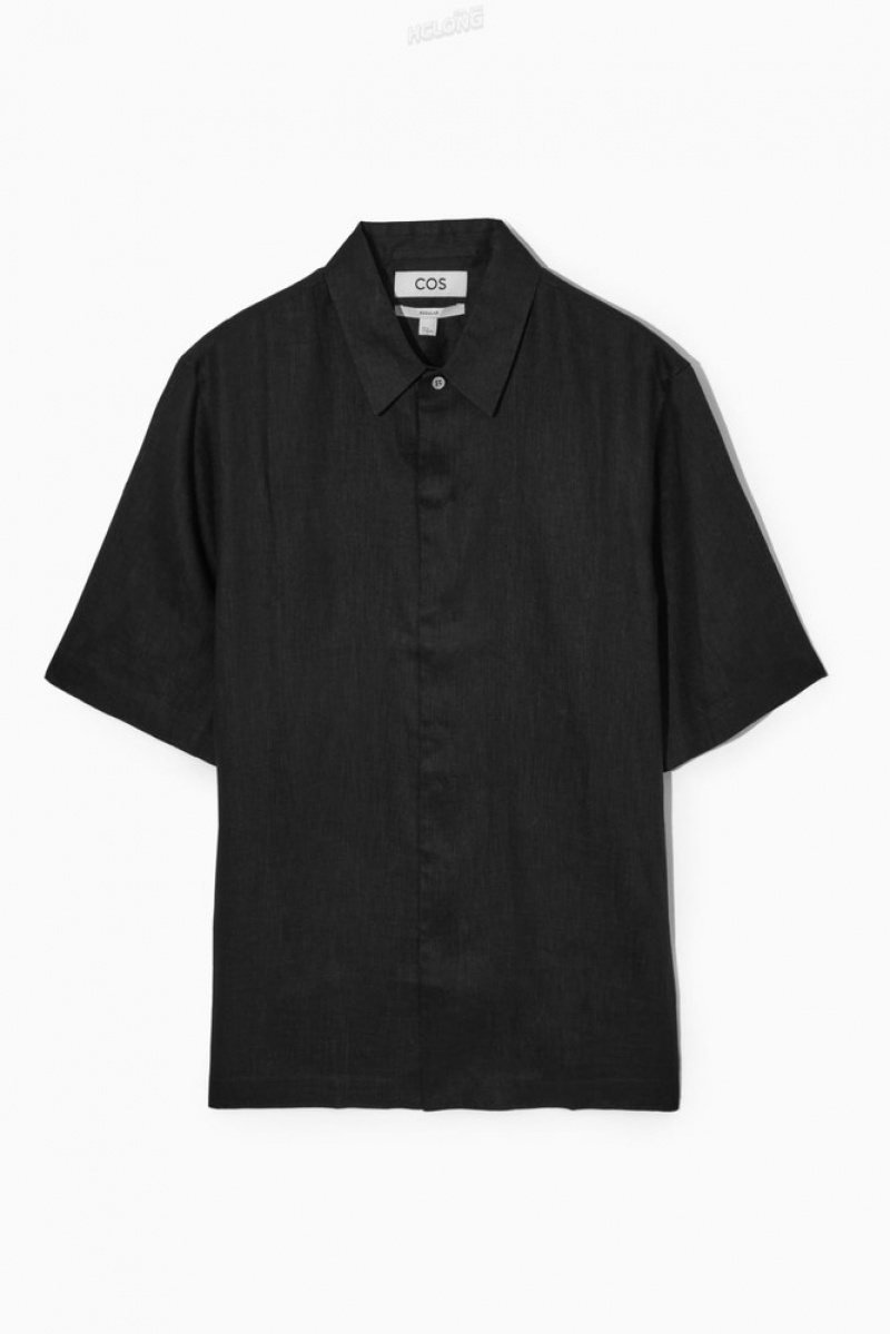 Black COS Short-Sleeved Linen Shirt | FO75-P9RS