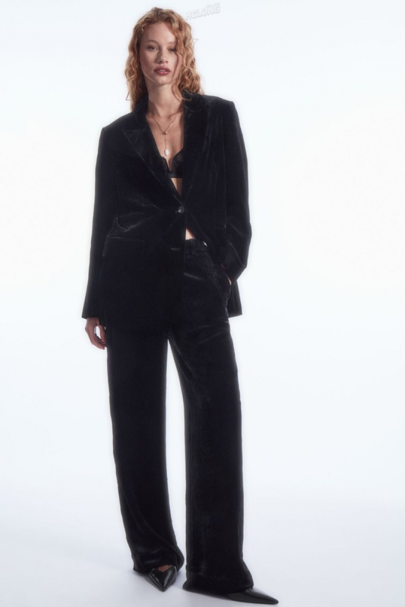 Black COS Silk-Blend Velvet Straight-Leg Trousers | CK98-B9HF