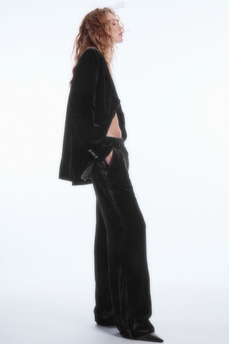 Black COS Silk-Blend Velvet Straight-Leg Trousers | CK98-B9HF