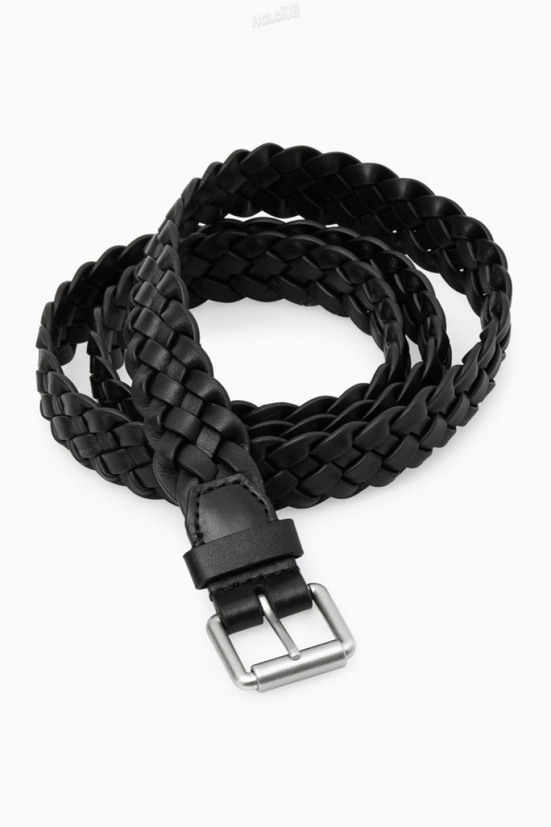 Black COS Slim Woven Leather Belt | FG98-R9AB