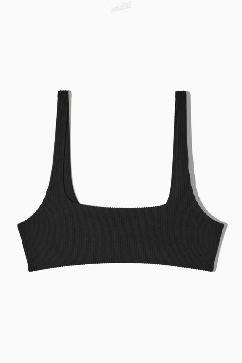 Black COS Square-Neck Ribbed Bikini Top | NM92-D3IG