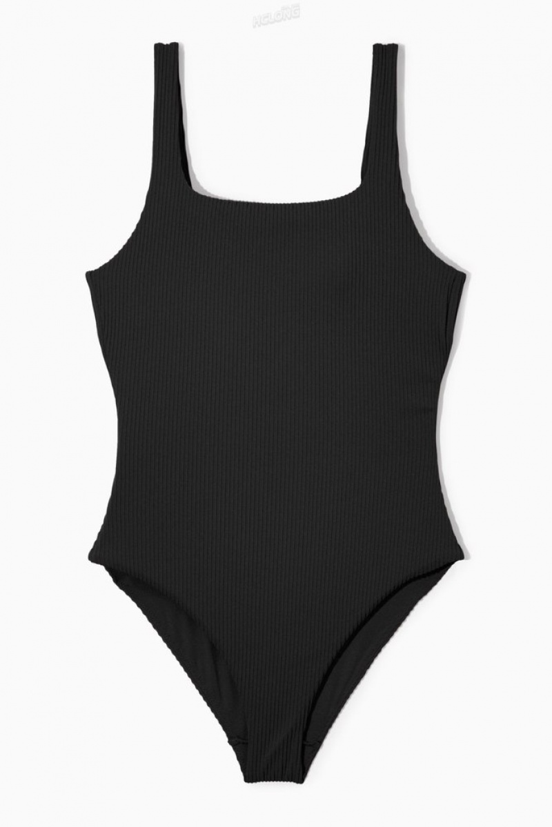 Black COS Square-Neck Ribbed Swimsuit | VV00-S9OE