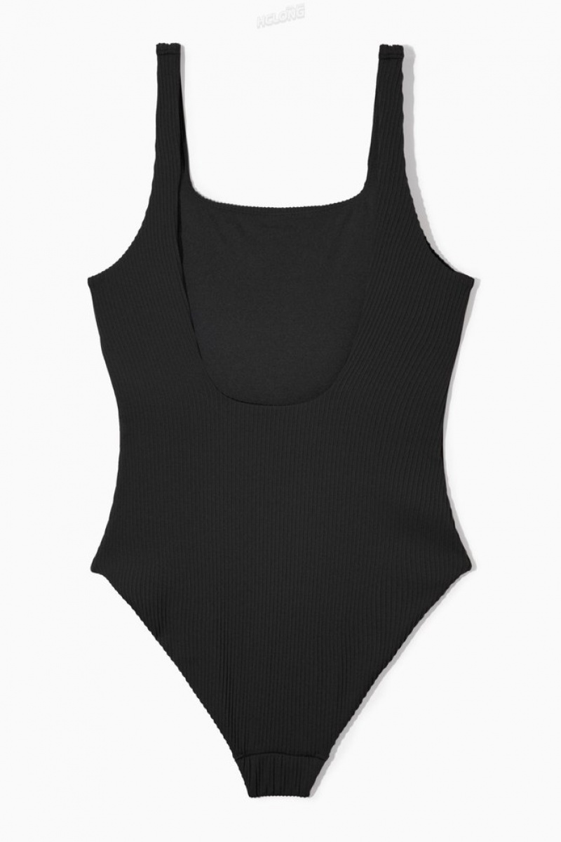 Black COS Square-Neck Ribbed Swimsuit | VV00-S9OE