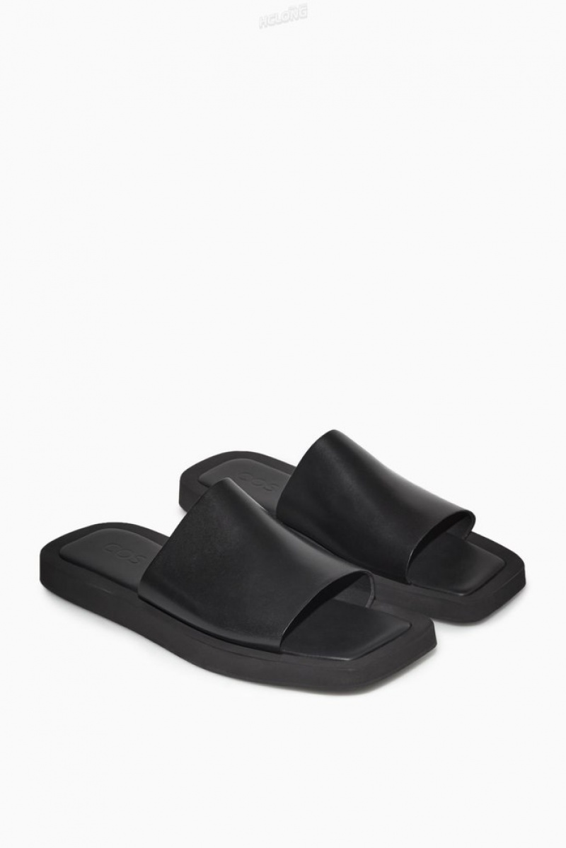 Black COS Square-Toe Leather Slides | SJ84-I9JO