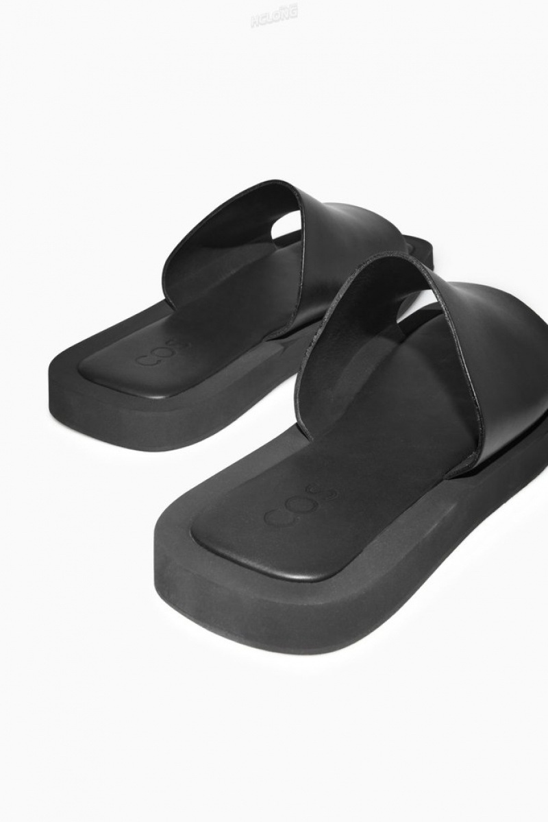 Black COS Square-Toe Leather Slides | SJ84-I9JO