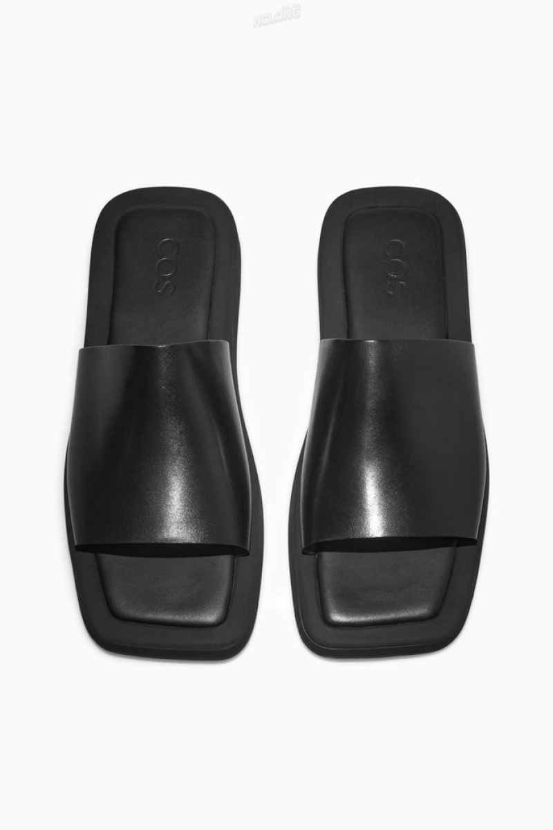 Black COS Square-Toe Leather Slides | SJ84-I9JO