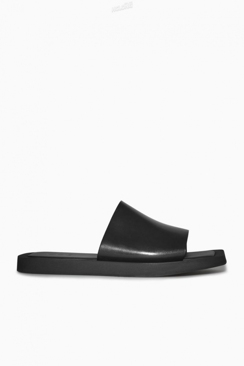 Black COS Square-Toe Leather Slides | SJ84-I9JO