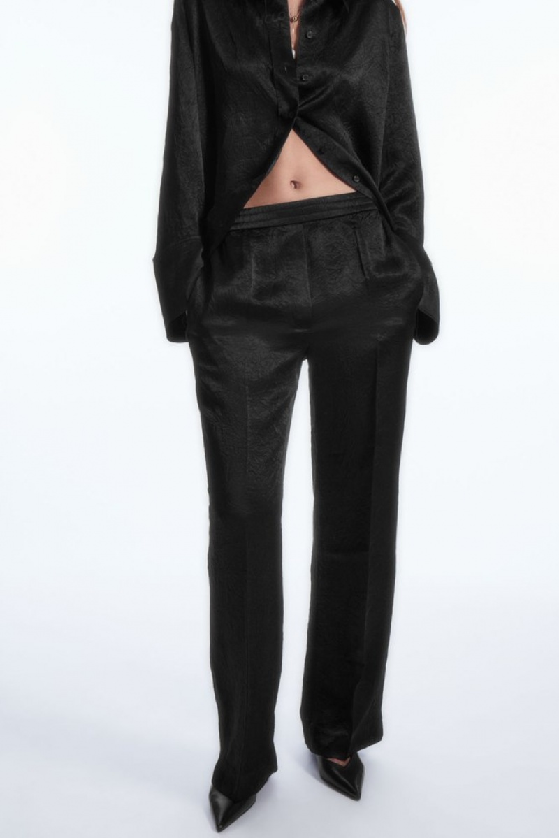 Black COS Straight-Leg Crinkled-Satin Pants | LP66-P3EU