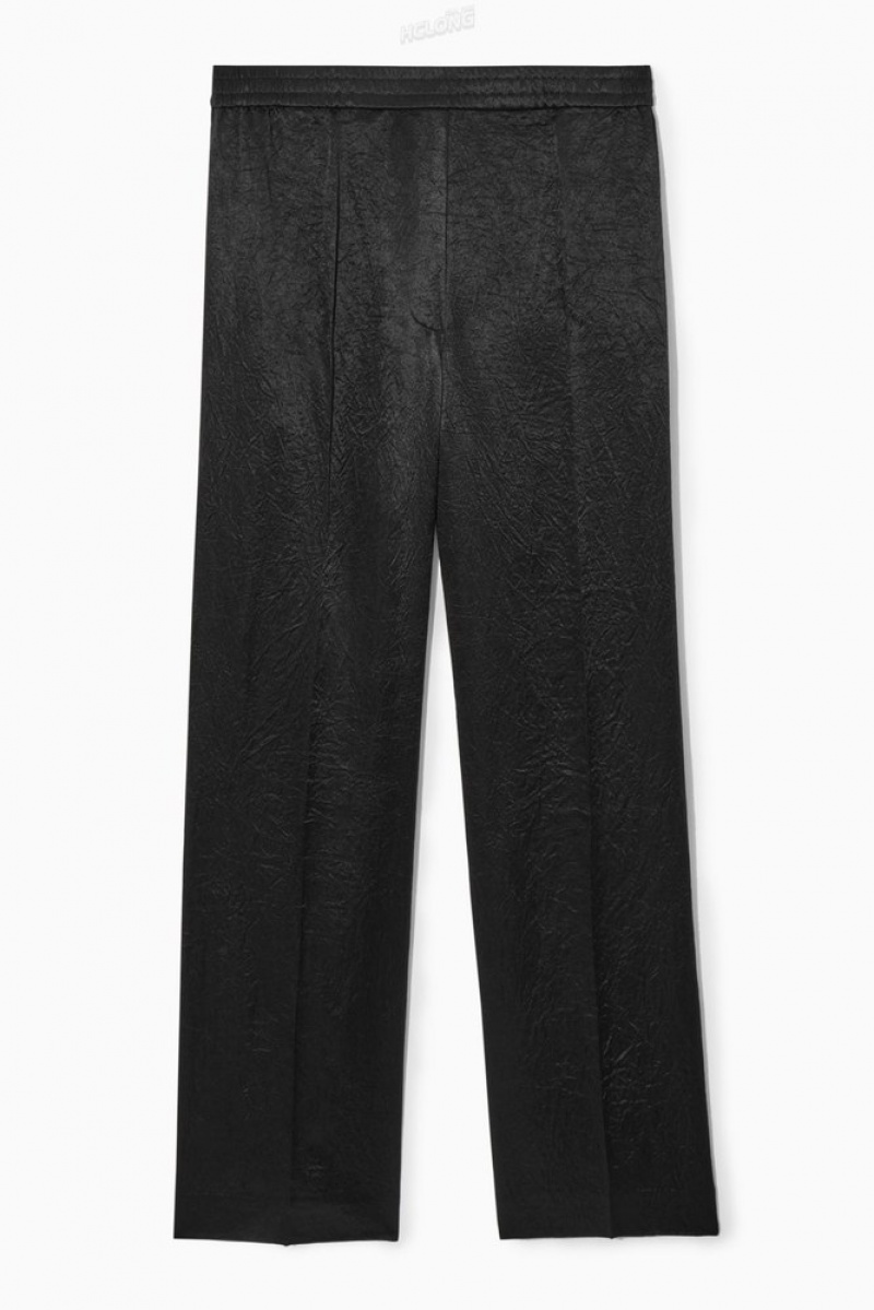 Black COS Straight-Leg Crinkled-Satin Pants | LP66-P3EU