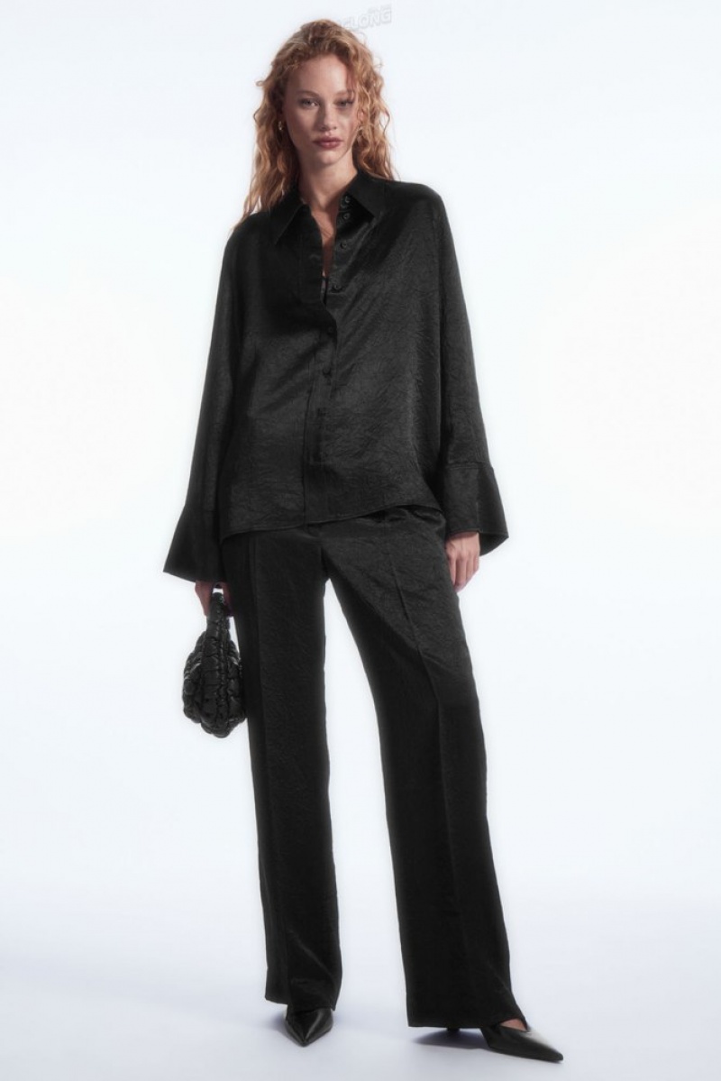 Black COS Straight-Leg Crinkled-Satin Pants | LP66-P3EU