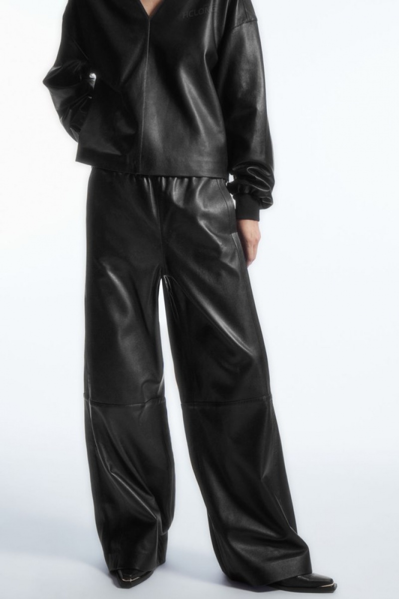 Black COS Straight-Leg Elasticated Leather Pants | RE16-S0OI